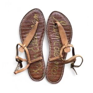 Sam Edelman— Tan Croc-Embossed “Gigi” thong Sandals with leather straps